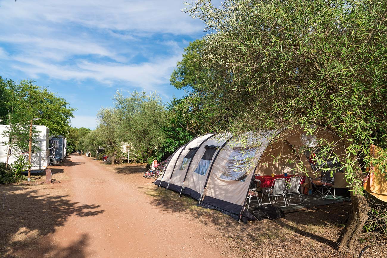 Allée et emplacement de camping avec tente au camping Les Rivières