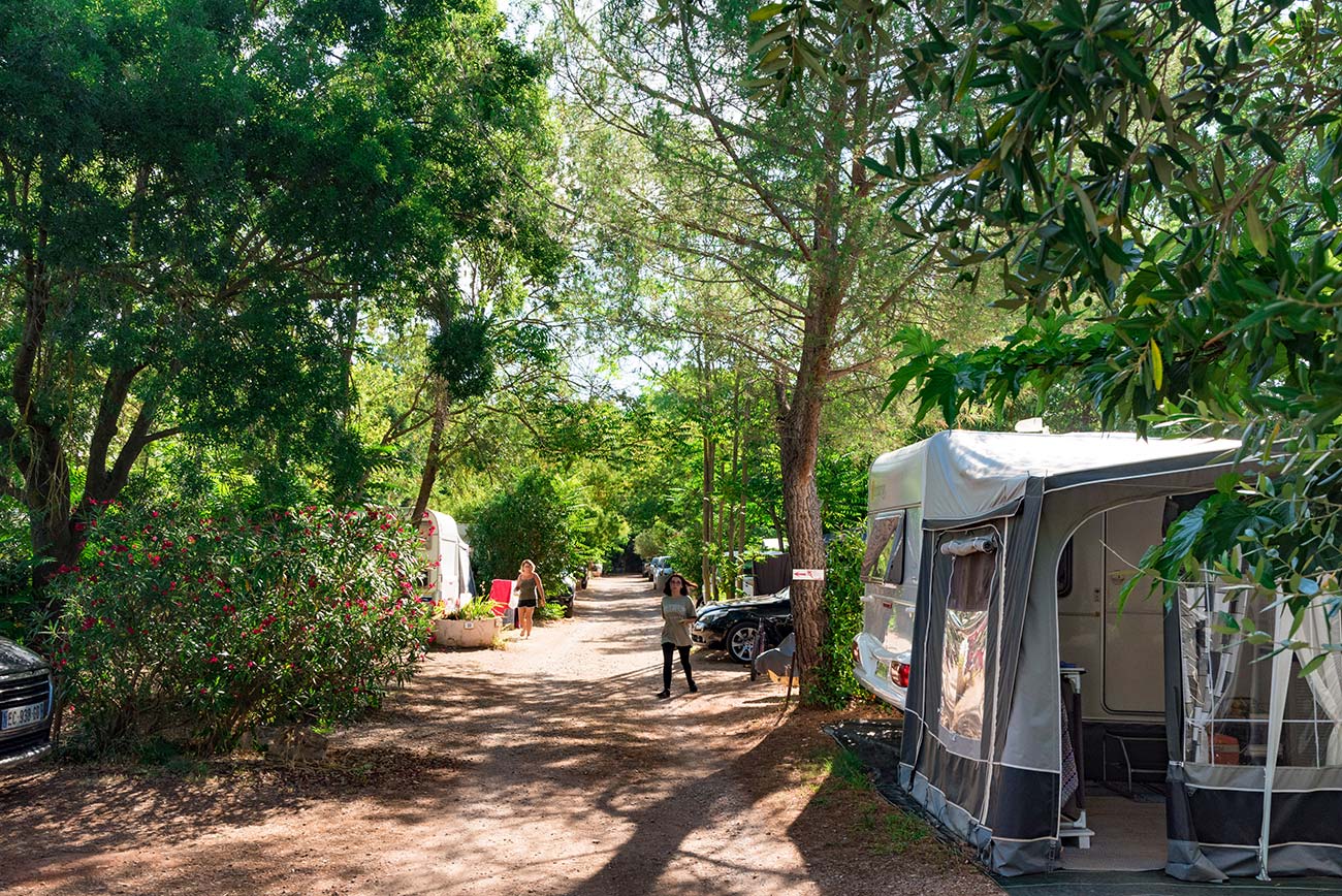 Shaded driveway and pitch for caravan at the campsite in Canet in Hérault