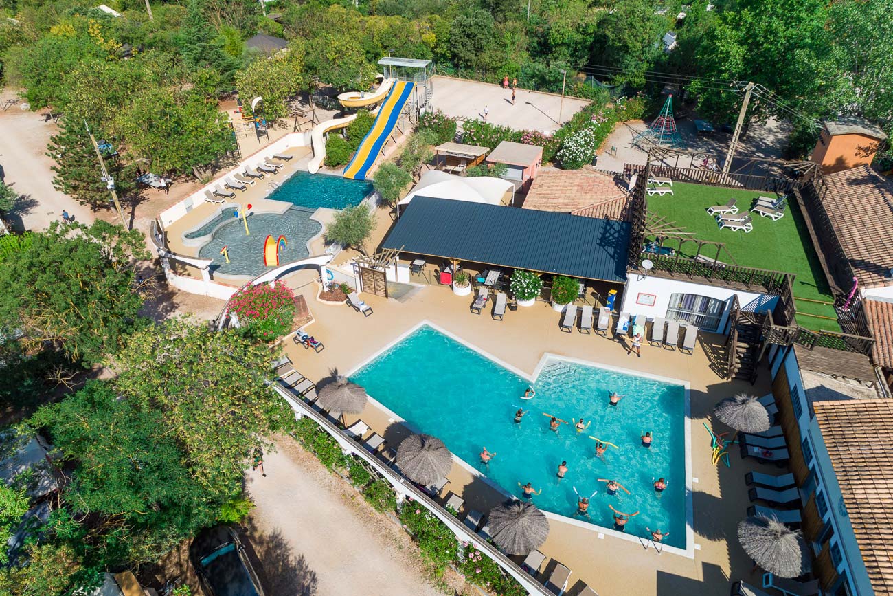 Aerial view of the aquatic area of the campsite near Montpellier